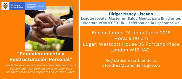 El Consulado de Colombia en Londres invita al taller de atención psicosocial: ‘Empoderamiento y Restructuración Personal’