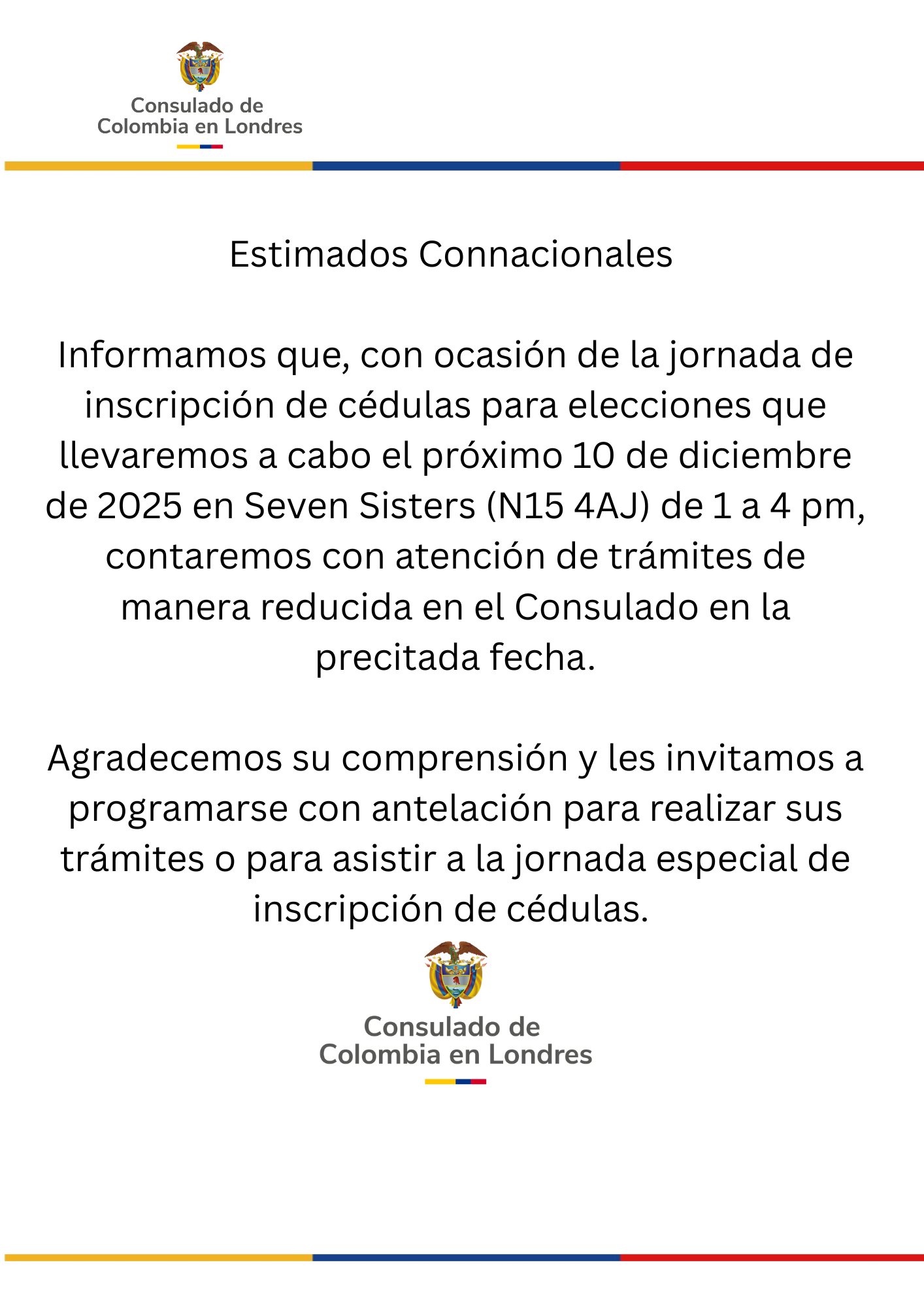 Atención de trámites de manera reducida en el Consulado el 10 de diciembre