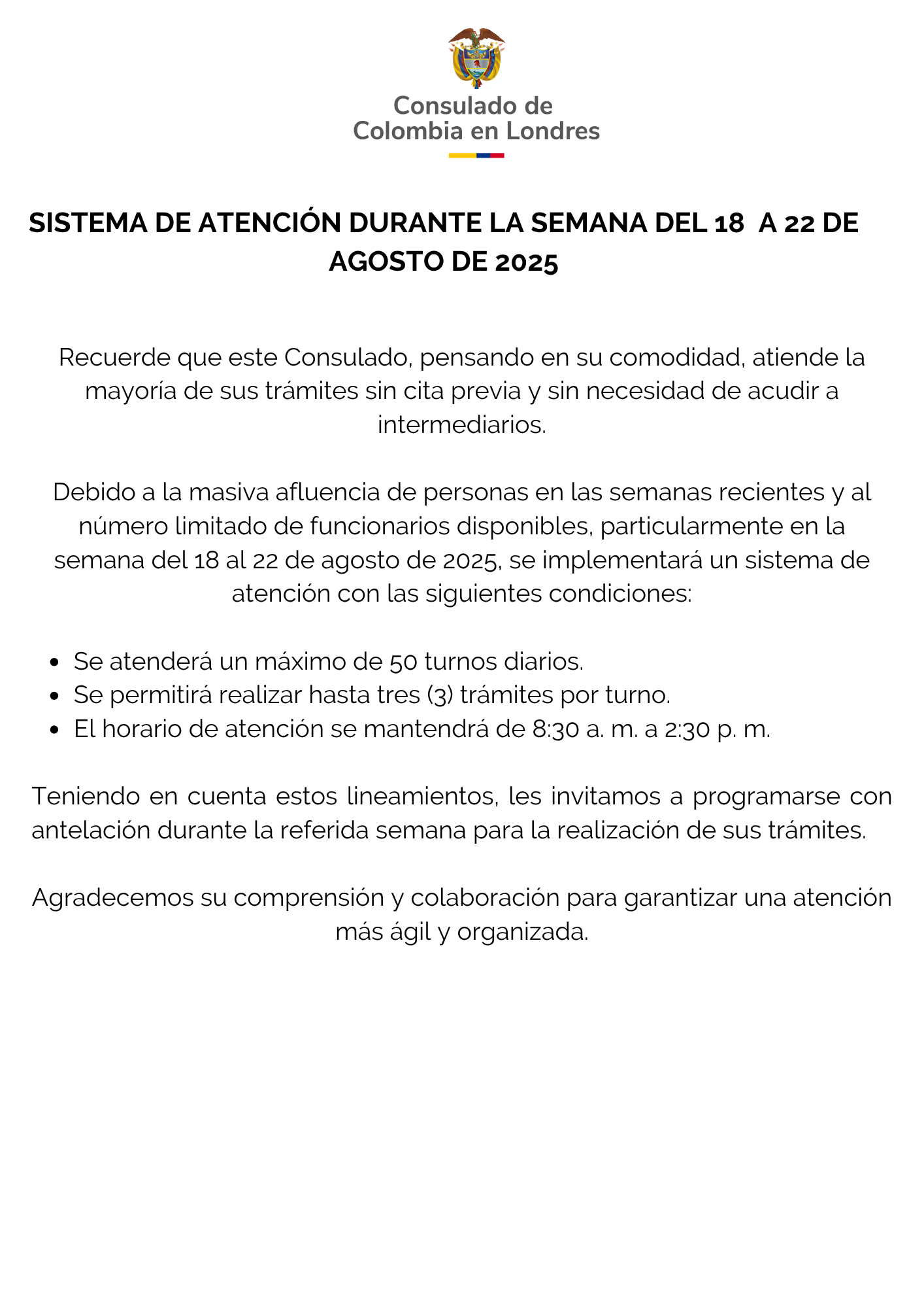 Sistema de atención 18 a 22 de agosto 2025
