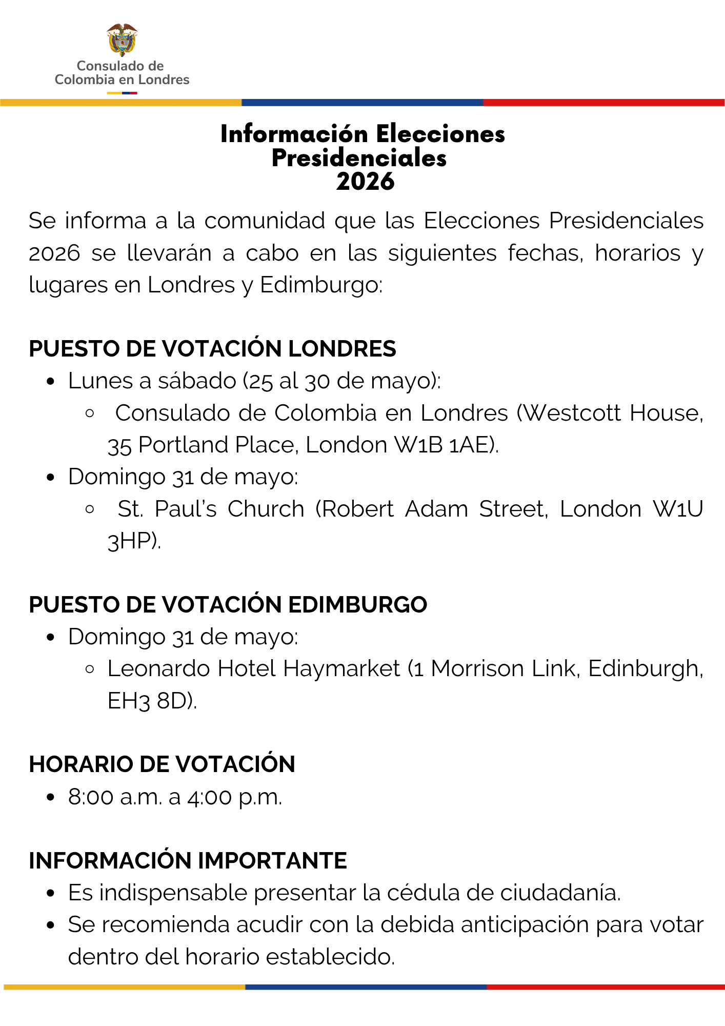 Información sedes y horarios elecciones Presidente 1 vuelta