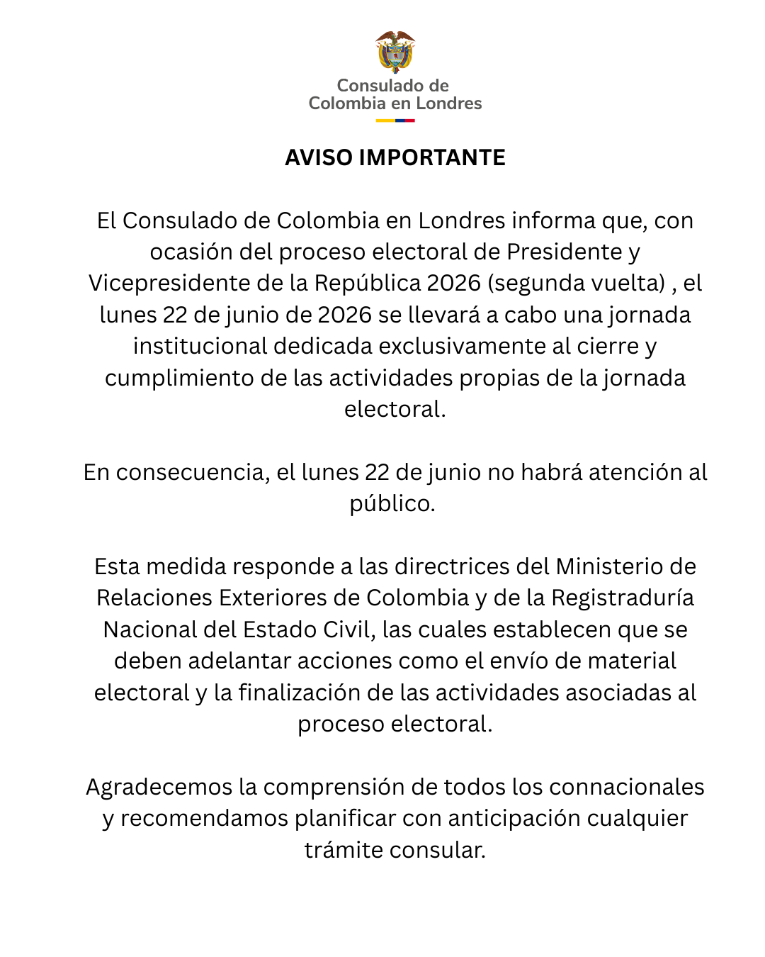 Modificación en la atención consular por proceso electoral