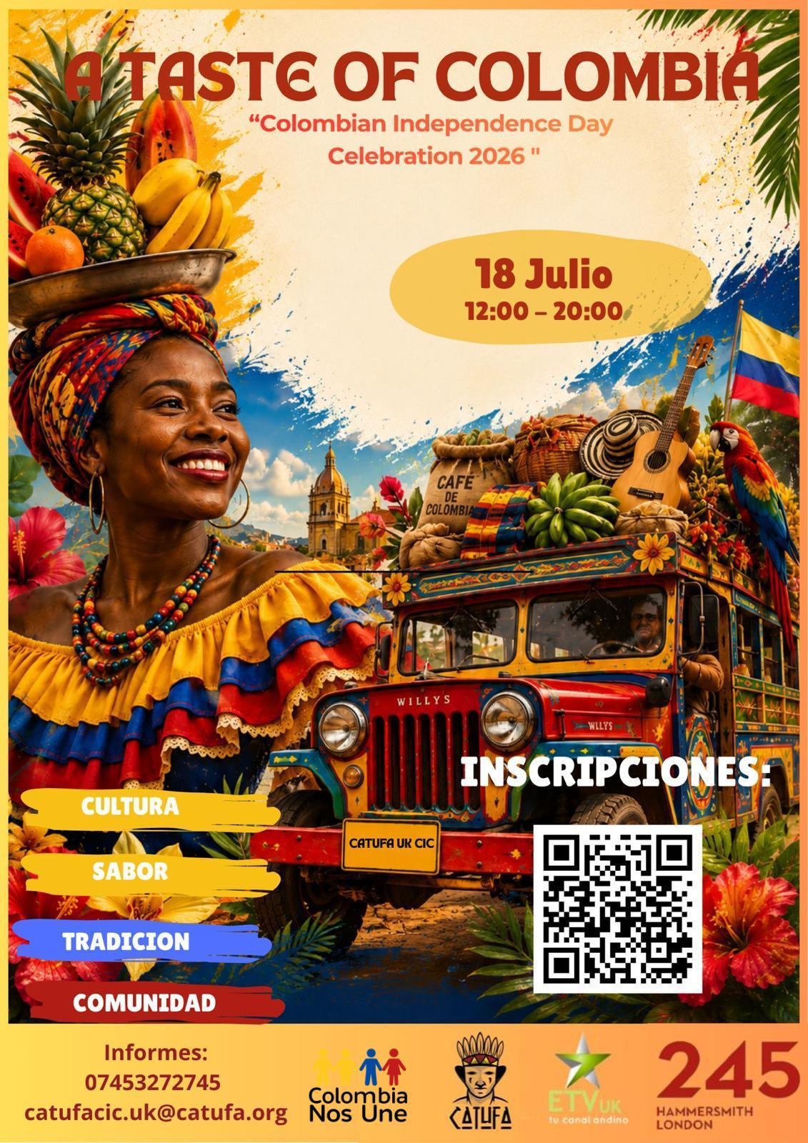 Este 18 de julio te invitamos a vivir una experiencia única llena de los sabores, la música, la cultura y las tradiciones que nos unen, sin importar en qué rincón del Reino Unido estemos.  🌴 A Taste of Colombia 2026 será un espacio para reencontrarnos como comunidad, compartir en familia y celebrar nuestra Independencia con lo mejor de Colombia.  ✨ ¿Qué encontrarás? 🎶 Música y expresiones culturales. ☕ Café y gastronomía colombiana. 🎨 Emprendimientos y talento colombiano. 👨‍👩‍👧‍👦 Actividades para dis