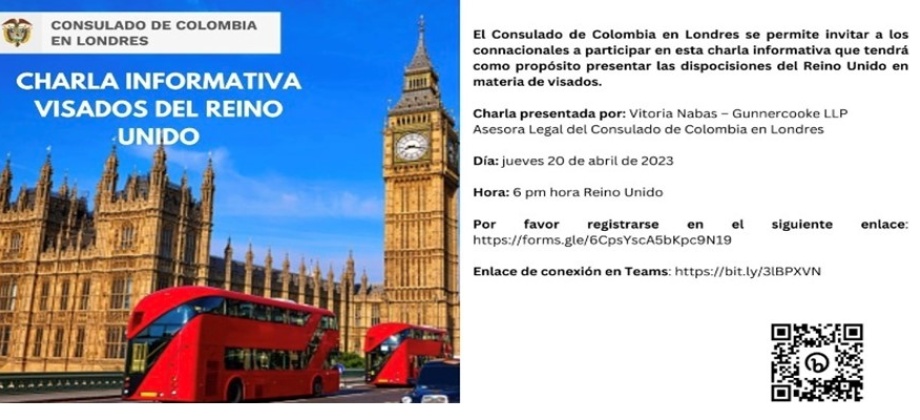 Consulado de Colombia en Londres realizará el 20 de abril una charla sobre visados para el Reino Unido
