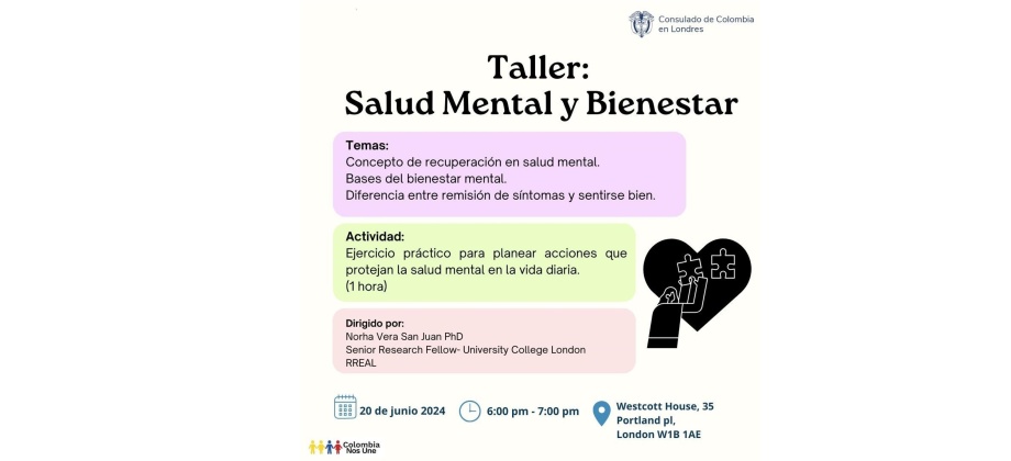 El Consulado de Colombia en Londres invita al Taller de Salud Mental y Bienestar, el 20 de junio de 2024