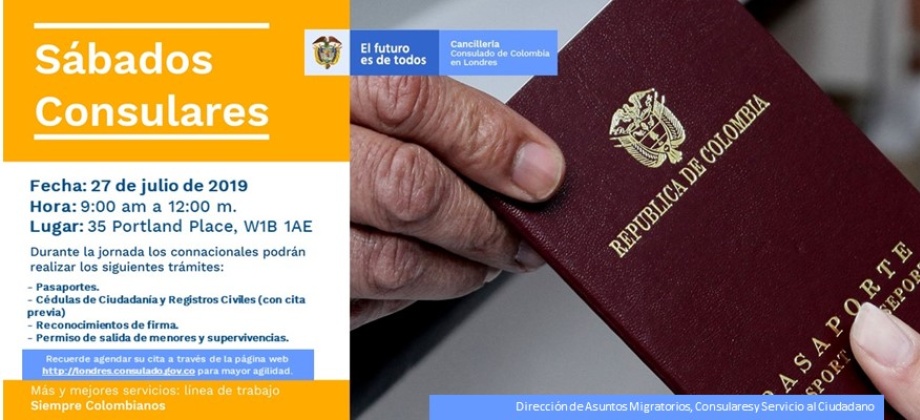 Jornada de Sábado Consular este 27 de julio de 2019 en el Consulado de Colombia 