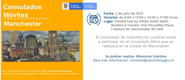 Consulado de Colombia en Londres realizará una jornada de Consulado Móvil en Manchester, el 3 de julio de 2021
